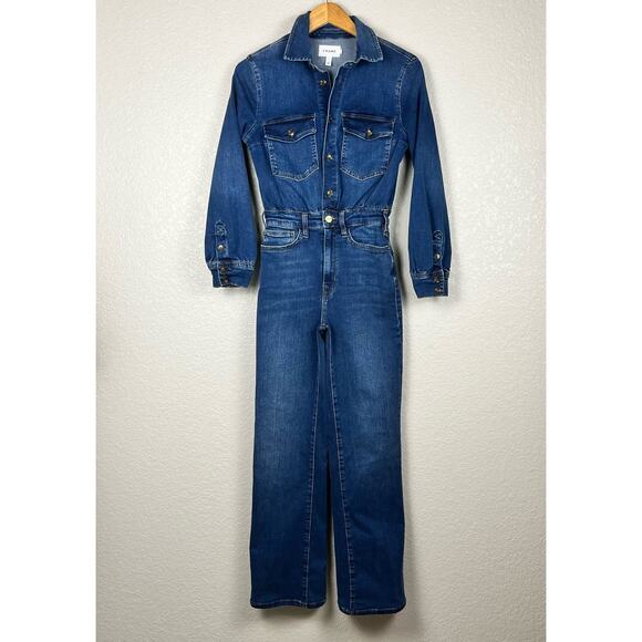 Frame Womens Jumpsuit XS‎ Le Jane Blue Denim Contemporary Stretch Minimalist - Picture 1 of 9
